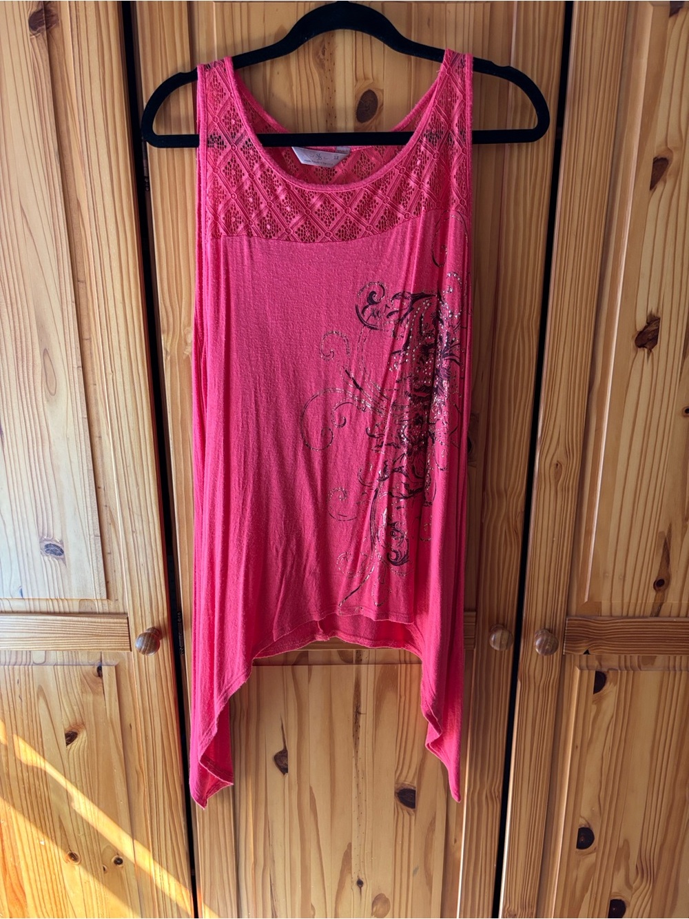 SJS Hot Pink Lace-Yoke Asymmetric Tank with Metallic Side Print
